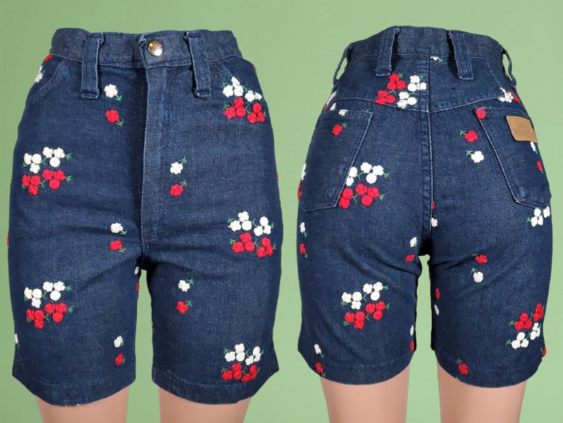 Lady Wrangler embroidered shorts denim vintage 60s mod red & white floral 27/28 x 6 image 8