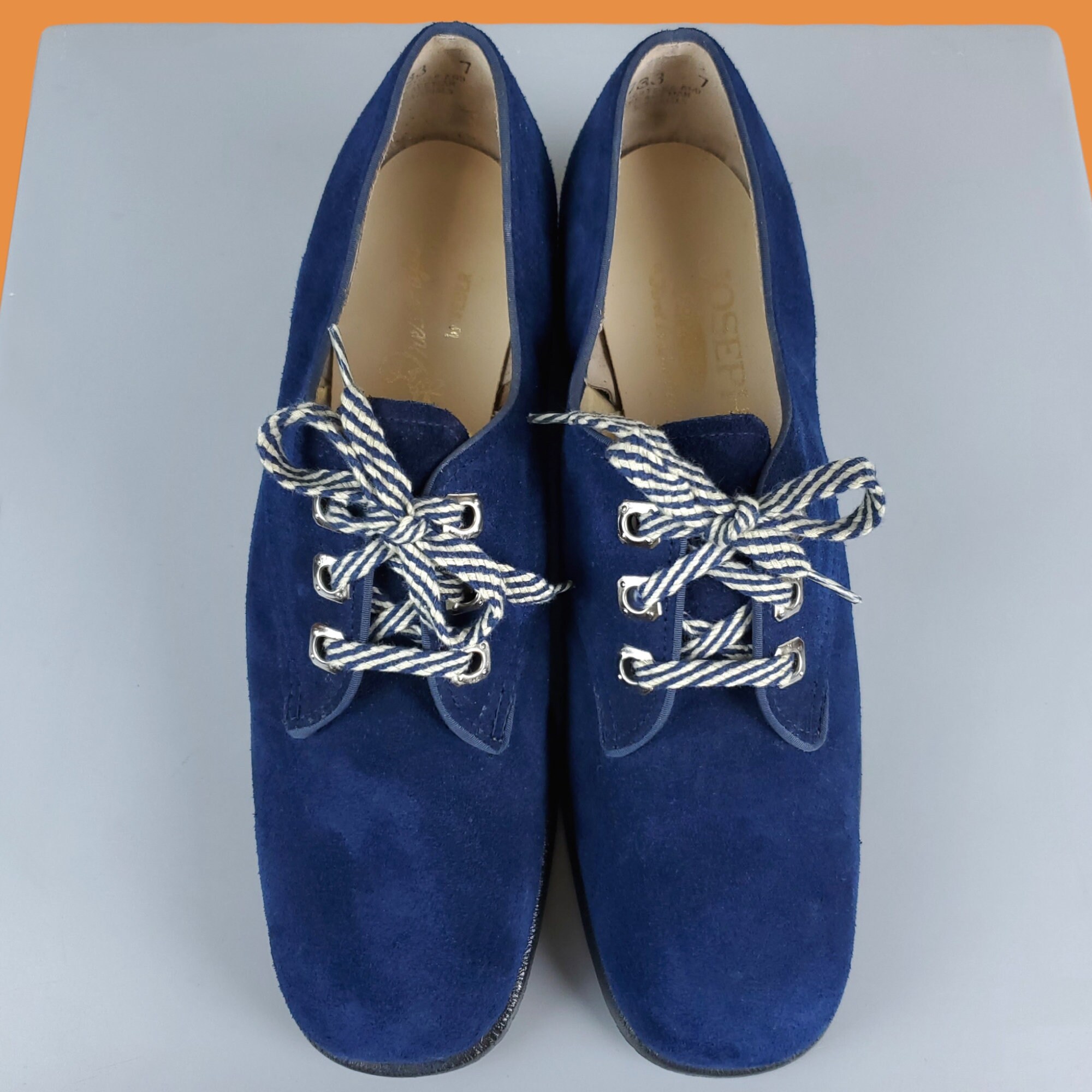 Vintage 1960s men’s navy blue suede lace up mod heeled oxfords Vintage 1960s Blue Suede Oxfords: Mod Dress Shoes (7 Slim  main image 2