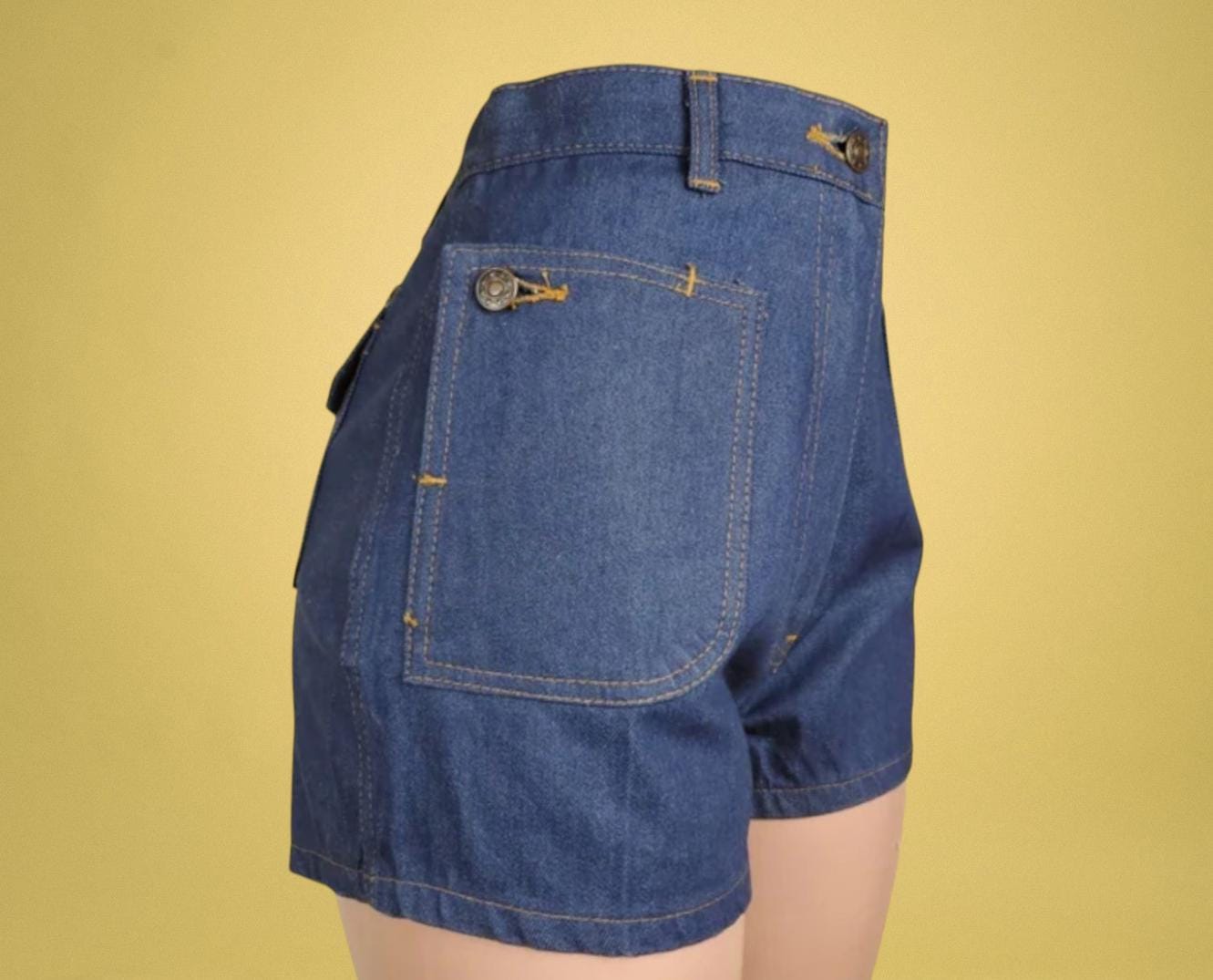 Flap Pocket 70s Shorts. Dark Crisp Denim. Mid to High Rise Short