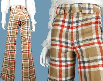 Deadstock cuffed plaid pants from the 70s. WIDE legs earthy  vibrant in neutrals & tangerine orange. Groovy vintage! (Modern 0/2 XS slim)