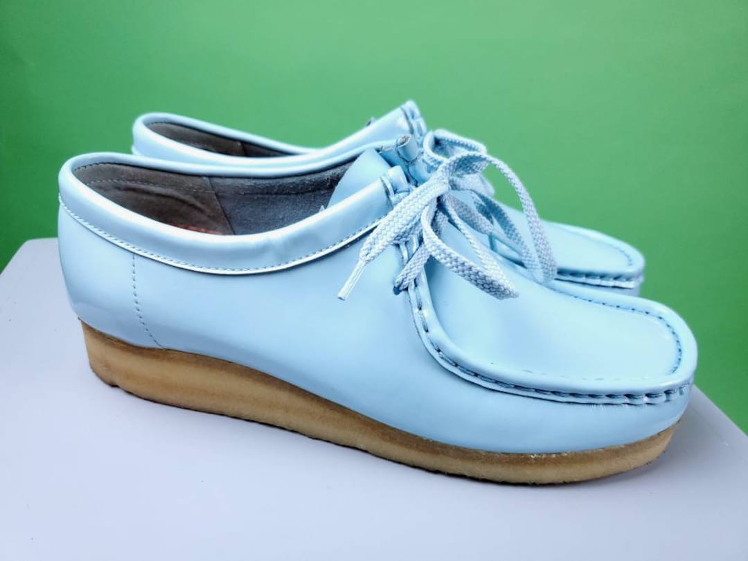 Vintage Clarks Wallabee Wedges in Powder Blue Patent leather. (Size 10)