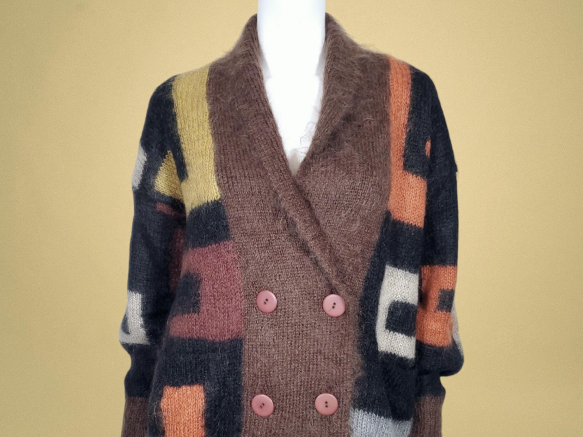 Vintage Mohair Cardigan: 1980s Abstract Colorblock Double-breasted