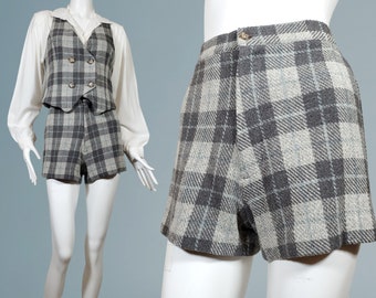 Georges Marciano vintage suit 2 piece plaid shorts & vest Late 1980s hot pants double breasted luxury wool fully lined (waist 24 bust 34)