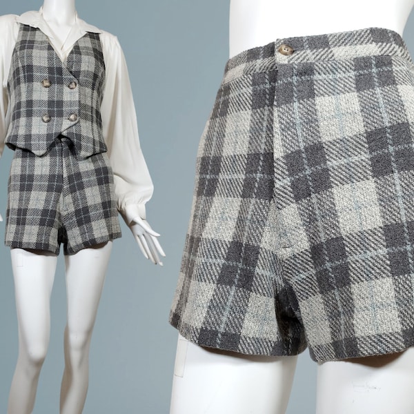 Georges Marciano vintage suit 2 piece plaid shorts & vest Late 1980s hot pants double breasted luxury wool fully lined (waist 24 bust 34)