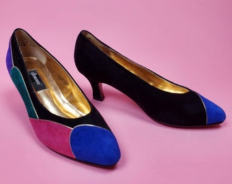 Vintage 1980s colorblock new wave kitten heels. Suede. (Size 6.5)
