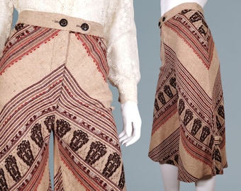 High rise vintage gauchos woven hopsack natural fabric hippie boho 70s unique skirt pants culottes. (25 - 26)