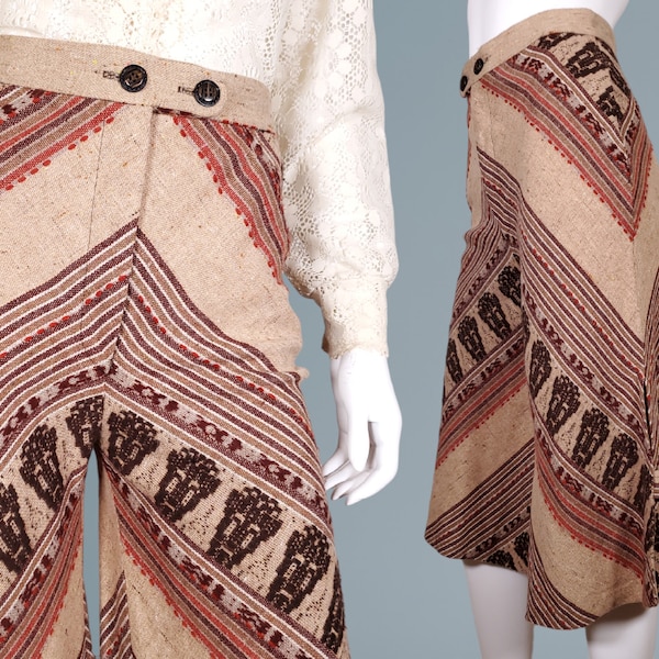 High rise vintage gauchos woven hopsack natural fabric hippie boho 70s unique skirt pants culottes. (25 - 26)