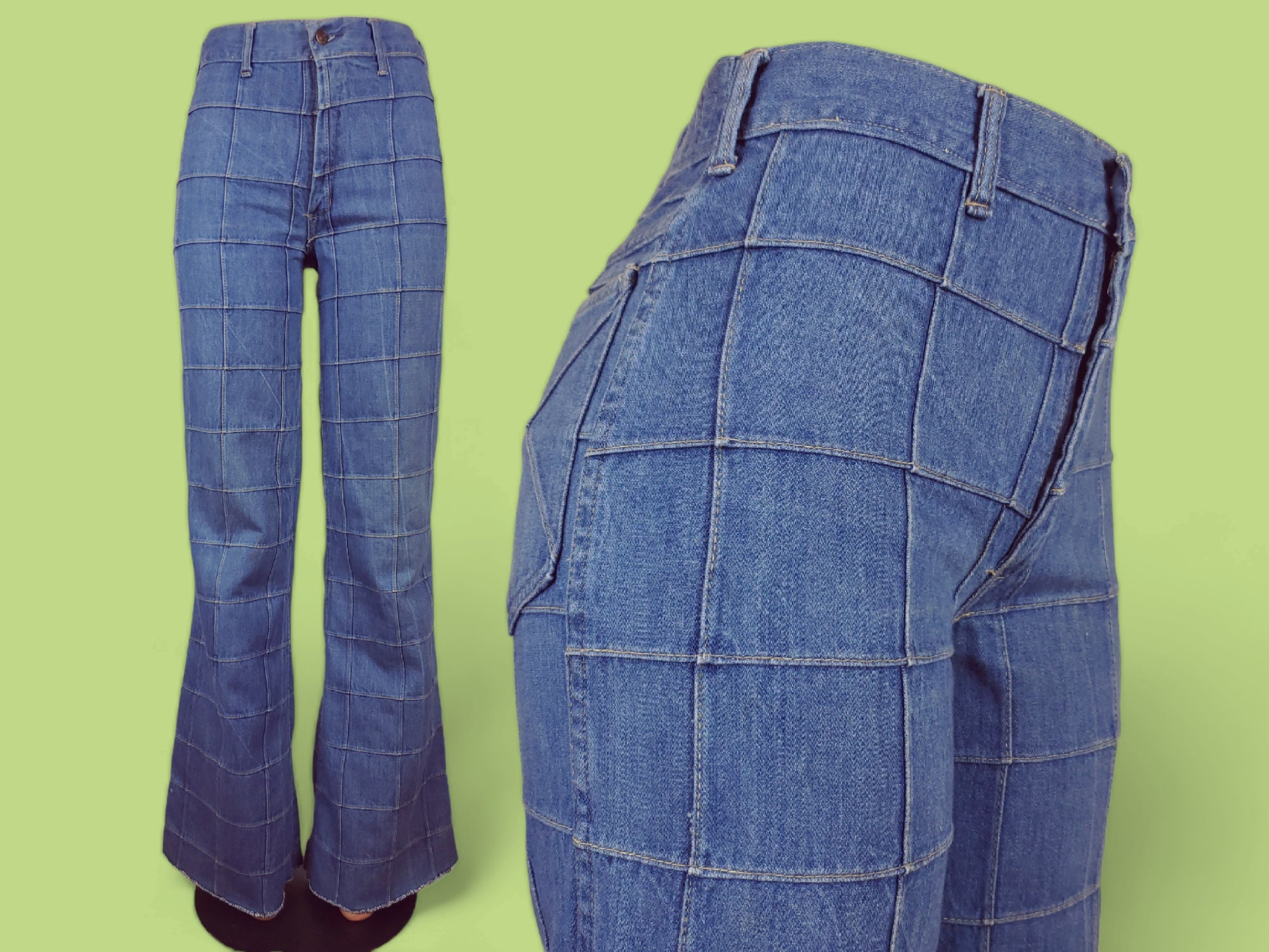 Window Pane Patchwork Jeans From the 70s. Mid Rise Bell Bottoms. Broken  Twill Cotton Denim. 29/30 X 34 