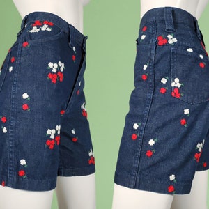 Lady Wrangler embroidered shorts denim vintage 60s mod red & white floral 27/28 x 6 image 2