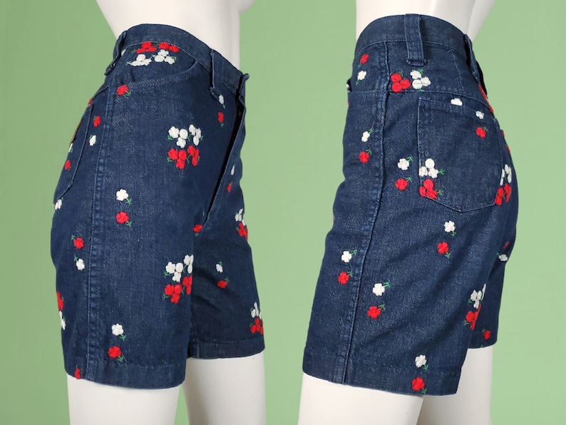 Lady Wrangler embroidered shorts denim vintage 60s mod red & white floral 27/28 x 6 image 2