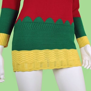 Unique deadstock pullover sweater. Vintage 80s. Bodycon, micro-mini, vibrant, rastafarian, red yellow green, scalloped pattern. XS image 6