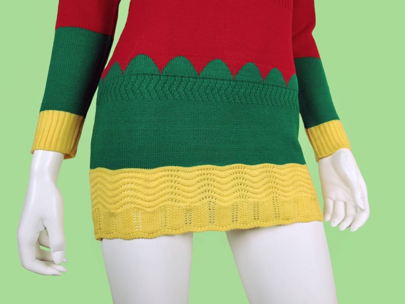 Unique deadstock pullover sweater. Vintage 80s. Bodycon, micro-mini, vibrant, rastafarian, red yellow green, scalloped pattern. XS image 6