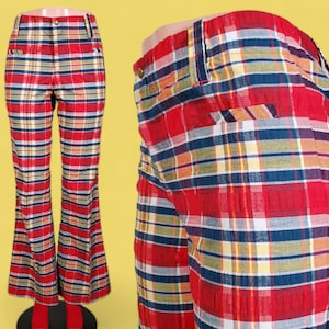 Seersucker vintage plaid pants. 60s 70s mod. Mid - low rise, hiphugger bell bottoms. Red, yellow, blue. (Modern 8)