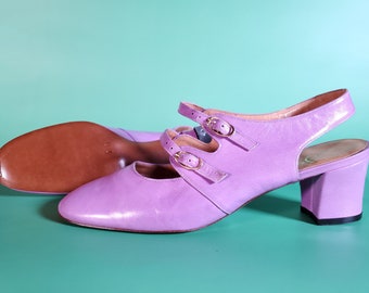 1960s lavender leather shoes vintage mod mary janes purple heels (7N)