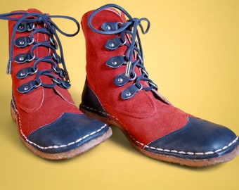1960s leather mod boots wingtips vintage red blue suede booties ankle boots mocassins rock n roll (M 8.5/W 10)