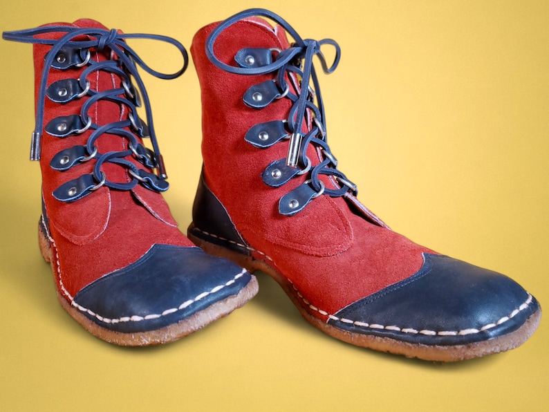 1960s leather mod boots wingtips vintage red blue suede booties ankle boots mocassins rock n roll M 8.5/W 10 image 1