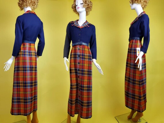 DEADSTOCK 1960's plaid dress.  Collared maxi dres… - image 2