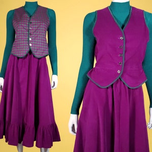 1980s skirt set unique vintage 2 piece reversible vest plum corduroy ruffled prairie below the knee gathers unique 25 waist/34 bust/XS immagine 2