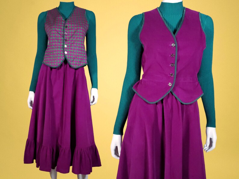 1980s skirt set unique vintage 2 piece reversible vest plum corduroy ruffled prairie below the knee gathers unique 25 waist/34 bust/XS immagine 2