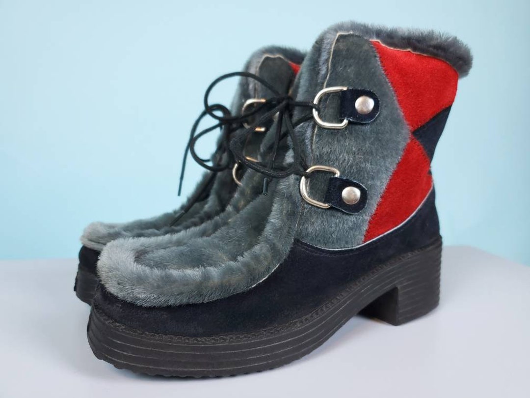 60s Mod Winter Boots. Suede & Faux Fur Lace-up Block Heels. - Etsy