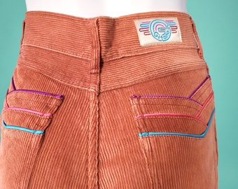 Vintage Gitano Corduroy Pants: 1970s Rainbow Piping, High Rise, Junior/Student fit SLIM (27x35)