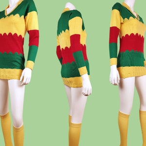 Unique deadstock pullover sweater. Vintage 80s. Bodycon, micro-mini, vibrant, rastafarian, red yellow green, scalloped pattern. XS image 2