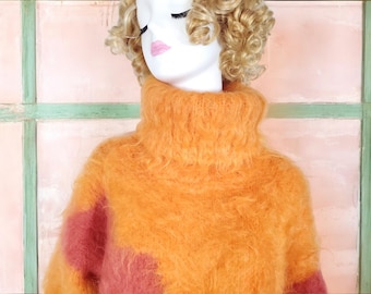 1960s Mohair Handknit Sweater: Vintage Cowl Neck Colorblock (M/L)