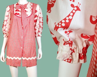 Vintage 60s house dress cute animal print circus bow tie puff sleeves red & white gingham cotton coquette mini dress (S)