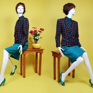 Iconic 80s power suit. Deadstock. Textured tweed. Skirt & jacket combo ensemble. Teal/multi. By Lucia La Roma. Size S image 2