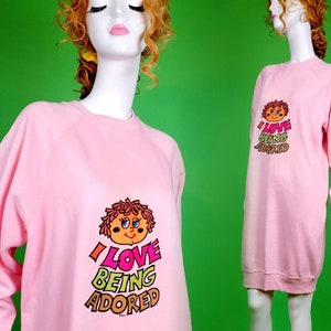 Vintage sweatshirt dress with cute 70s cartoon. Valentines Day Nightshirt, loungewear, pajamas. One of a kind Size L/XL image 1
