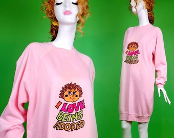 Vintage sweatshirt dress with cute 70s cartoon. Valentines Day! Nightshirt, loungewear, pajamas.  One of a kind! (Size L/XL)