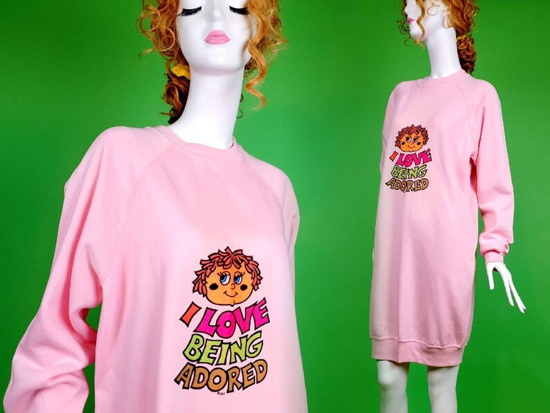 Vintage sweatshirt dress with cute 70s cartoon. Valentines Day Nightshirt, loungewear, pajamas. One of a kind Size L/XL image 1