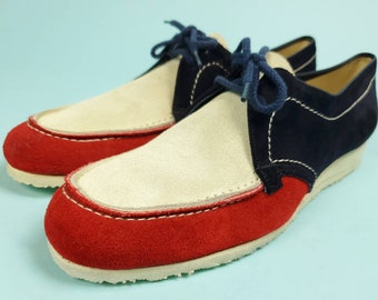 Vintage mod suede loafers. 1960s. Red, white, blue. By Town & Country. (9)