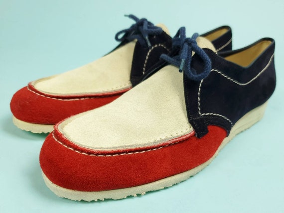 Vintage mod suede loafers. 1960s. Red, white, blu… - image 1