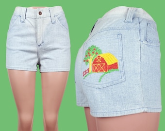 Embroidered 70s shorts with a little red barn & apple tree! Vintage, crewel stitching, Talon zip, Sears Jr Bazaar. (modern 6/8)