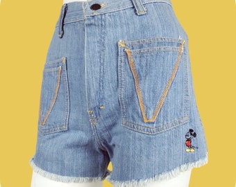 Vintage 70s Mickey Mouse Denim Shorts: High Rise Cut-offs