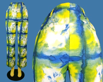 Deadstock 60s mod pants. Tie-dye print in blue, yellow, green, big loops, straight leg. Thoughful artful design. Beautiful fabric. (28)