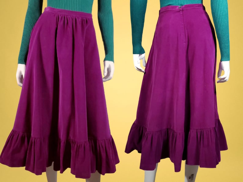 1980s skirt set unique vintage 2 piece reversible vest plum corduroy ruffled prairie below the knee gathers unique 25 waist/34 bust/XS immagine 4