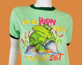 ROACH '76 frog t-shirt. Heathered pistachio green ringer tee. Vibrant cartoon graphic heat transfer. 50/50 Novelty vintage tshirt. (S/M)