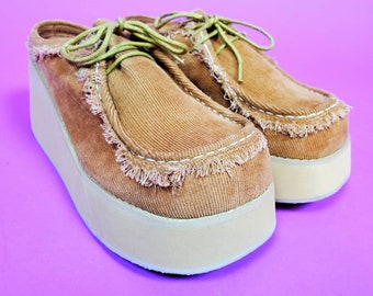 Deadstock 1990's chunky platform wedges. NOS with box. 70's vibes. Rock by Legend. Camel corduroy. (Size 8.5)