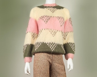1960s Vintage Mohair Sweater, Furry, Quintessential Pastel Pink/ Olive, Mod Twiggy Style, Chunky, Boxy Cut: Size S