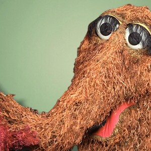 May include: A red furry puppet with a big smile and a brown furry puppet with large eyes and a long tongue. The puppets are against a green background.