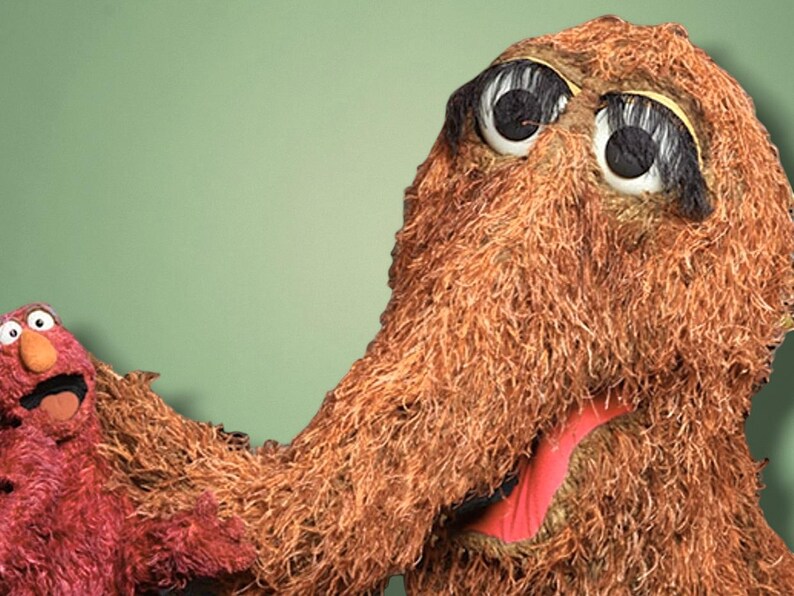 May include: A red furry puppet with a big smile and a brown furry puppet with large eyes and a long tongue. The puppets are against a green background.