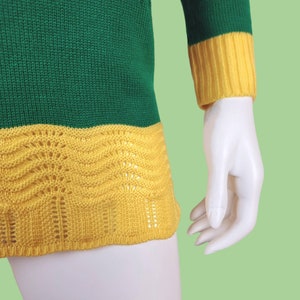 Unique deadstock pullover sweater. Vintage 80s. Bodycon, micro-mini, vibrant, rastafarian, red yellow green, scalloped pattern. XS image 7