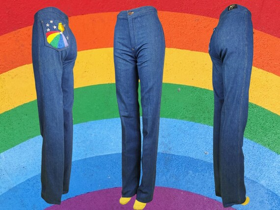 1970s Vintage Rainbow Jeans! Embroidered Back Pocket With