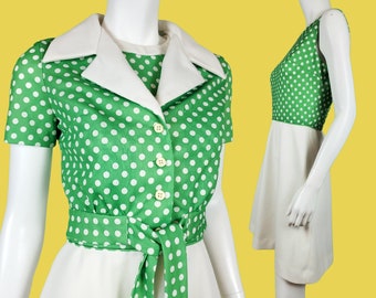 Green polka dot dress with jacket. Vintage 60s 70s mod mini tennis dress set. Sleeveless short sleeve polyester. (S)
