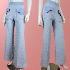 Striped knit bell bottoms by TURTLE BAX. Vintage 60s 70s heathered powder blue. Lounge pants. Big mod pockets. Wide waist band. 28 x 32 image 2