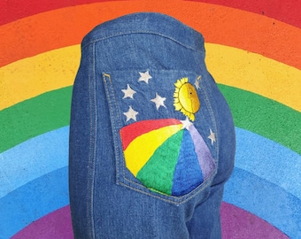 1970s Embroidered Rainbow Jeans: Vintage High-Waisted Denim (SLIM JR Petite xxs - xs)