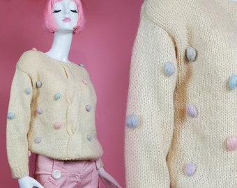 Wool blend mod sweater vintage 80s/60s pom pom pullover jumper pastels chunky cable knit. (Size S/M)