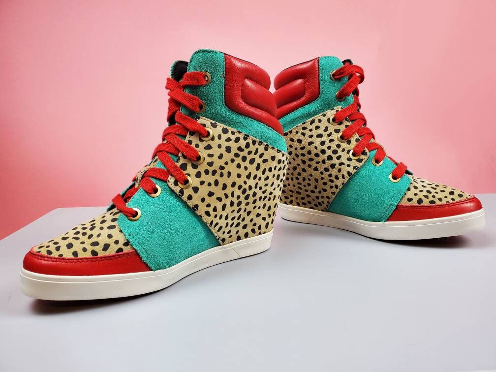 90s y2k Hidden Wedge Sneakers. Colorblock Leopard Animal Print